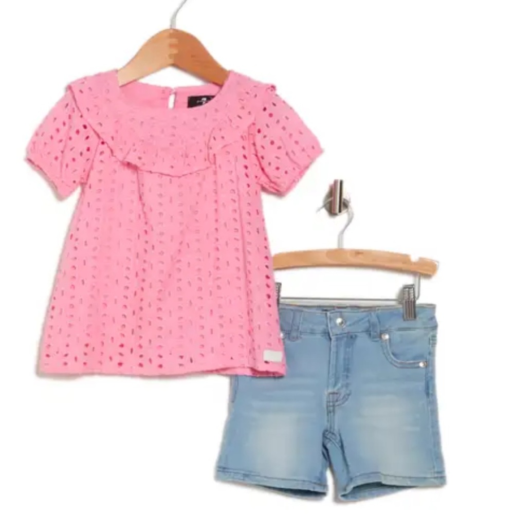 7 For All Mankind Infant Baby Toddler Denim Shorts and Top Pink Eyelet Shirt 3T